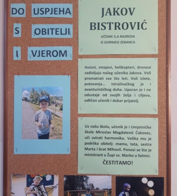 Učenik 3.a razreda iz Gornjeg Zebanca, JAKOV BISTROVIĆ, naš je rujanski „učenik mjeseca“!!!